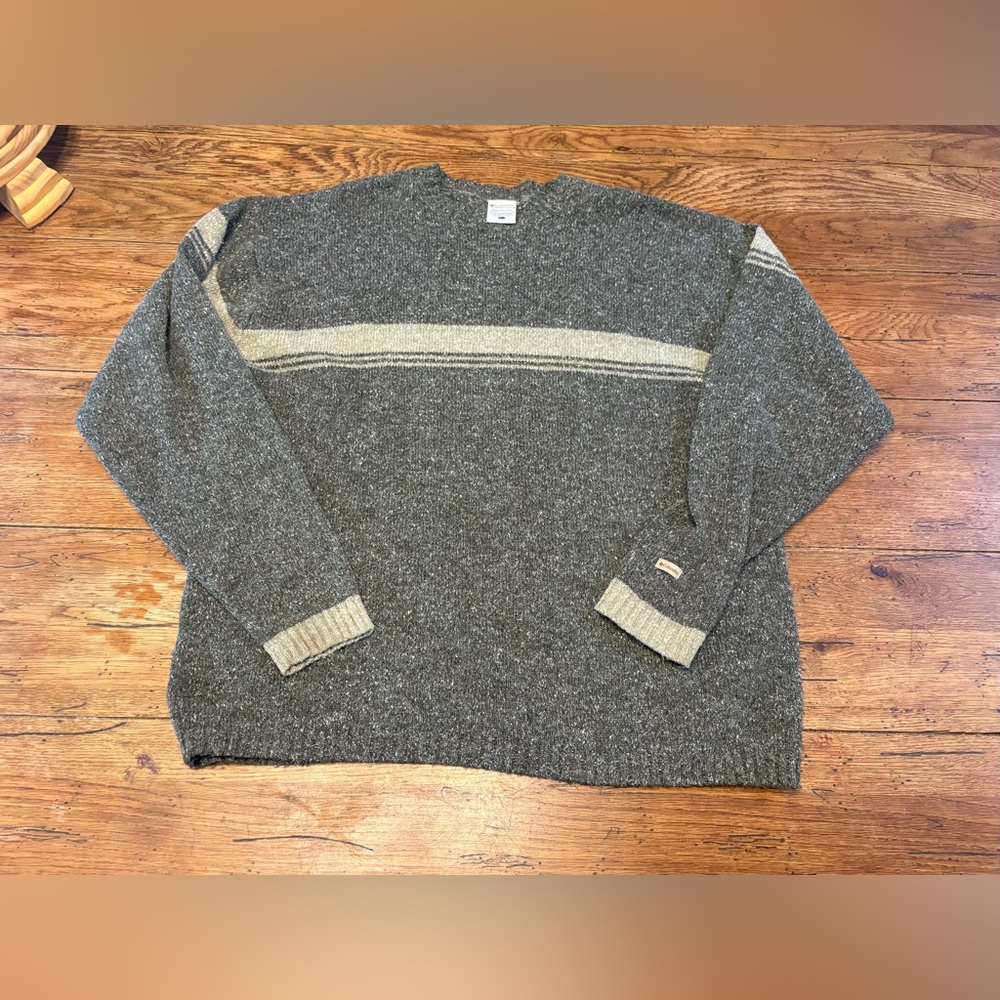 Columbia Green/Gray Striped Wool Blend Crewneck Fishmermans Hiking Sweater